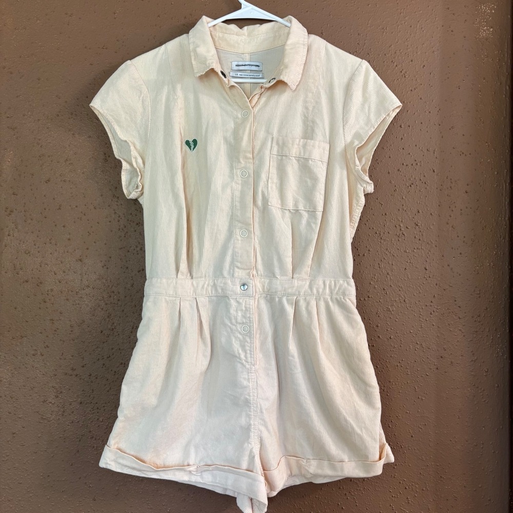 Urban Outfitters Corduroy Romper Cream Knock Out Heart Embroidery Large